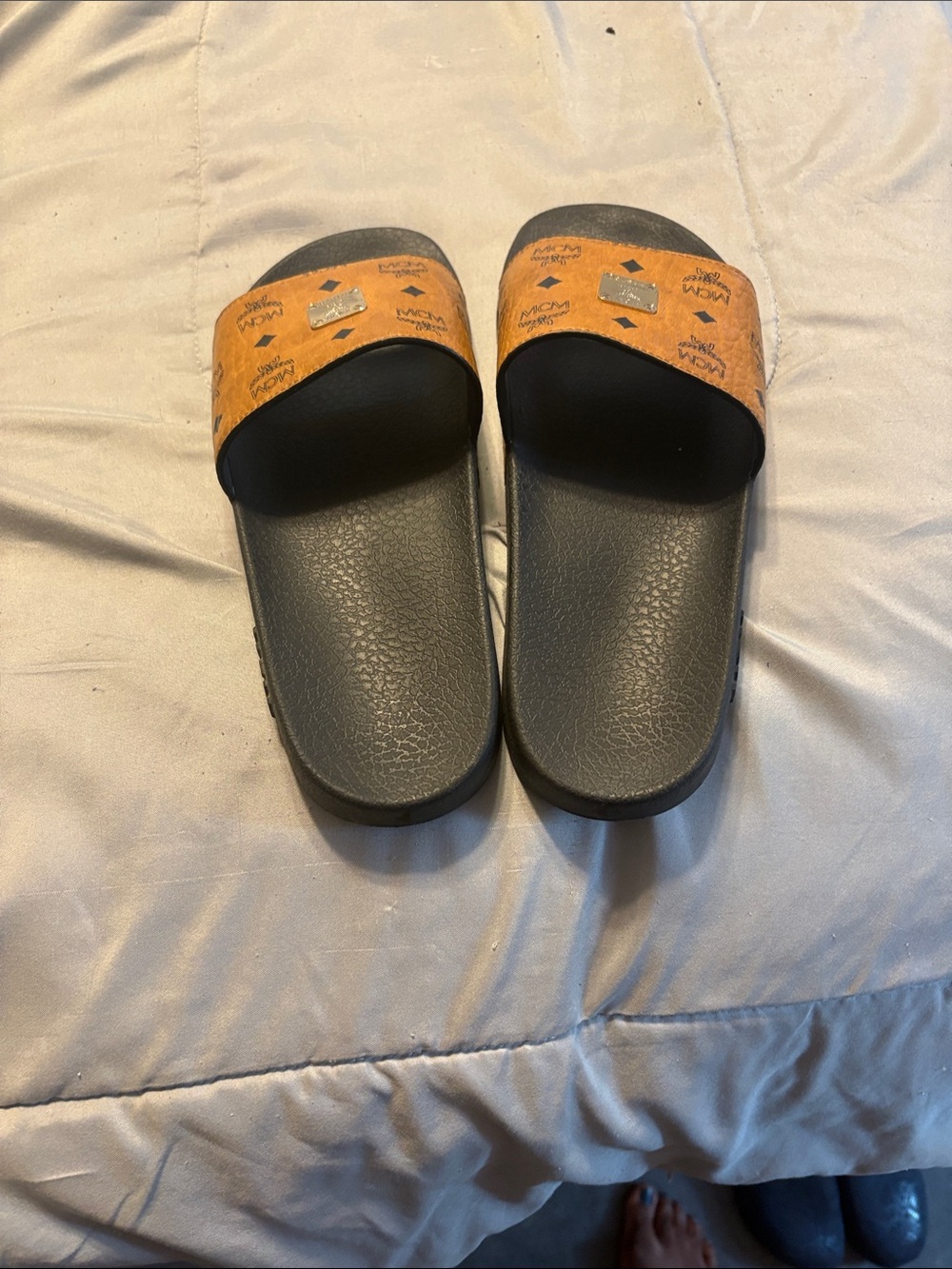 MCM Black Footbed Brown Logo Slide Sandals for Kids